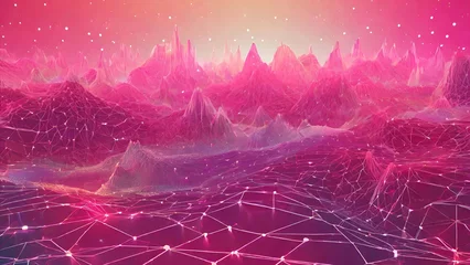Deurstickers Abstract digital landscape with particles dots and stars on horizon. Wireframe landscape background. Big Data. 3d futuristic vector illustration. 80s Retro Sci-Fi Background © Emil