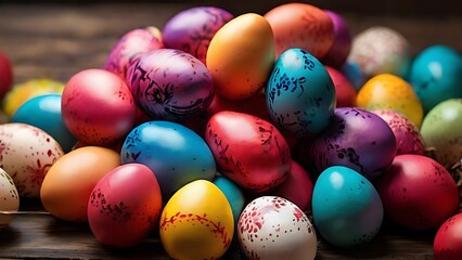 Fototapeta na wymiar Colored easter eggs on wooden table
