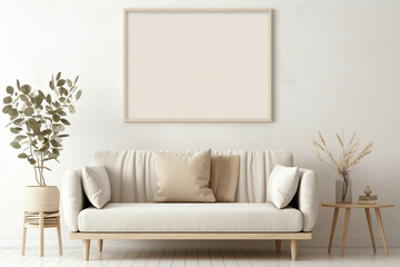 Beige Scandinavian sofa chair with a white blank frame against a soft wall.