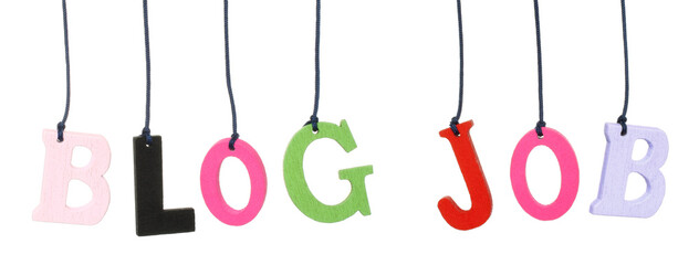 Set of Color Hanging Wooden Letters forming the Blog and Job words, isolated on transparent background - 755724509