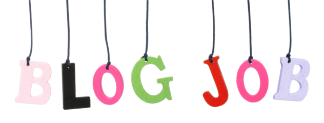 Set of Color Hanging Wooden Letters forming the Blog and Job words, isolated on transparent background
