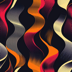 The image is a colorful abstract piece with orange, black, and white stripes
