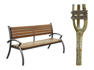 Set of Street things, such as: Brown Bench and Vintage Wooden Road Sign, isolated on transparent background - 755724518