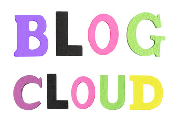 Set of Color Wooden Letters, which forming a Blog and Cloud words, isolated on transparent background - 755724522