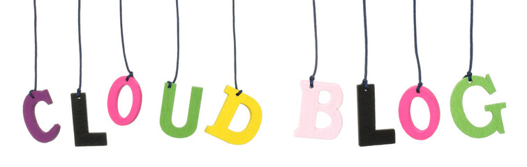 Set of Color Hanging Wooden Letters, which forming a Cloud and Blog words, isolated on transparent background - 755724539
