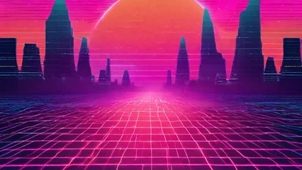 Poster Roze Retro Wave music album cover template with element. Wireframe landscape background. Big Data. Cyberpunk vector illustration. 80s Retro Sci-Fi Background