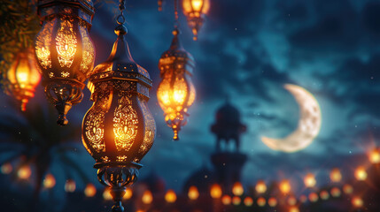 Eid ul fitr, Ramadan Kareem,Eid al Adha, Eid Mubarak.Muslim symbolism with islamic lantern and crescent.Holiday card - obrazy, fototapety, plakaty