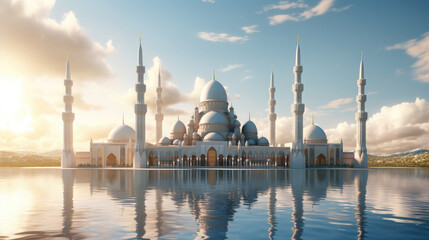 Large white mosque against blue sky and water, islamic background.Eid ul fitr, Ramadan Kareem,Eid al Adha, Eid Mubarak. - obrazy, fototapety, plakaty