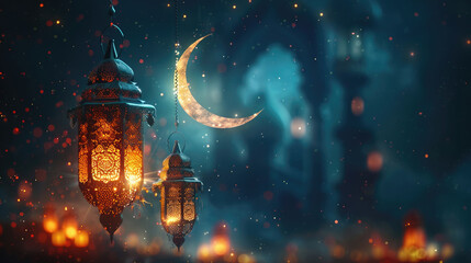Eid ul fitr, Ramadan Kareem,Eid al Adha, Eid Mubarak.Muslim symbolism with islamic lantern and crescent.Holiday card - obrazy, fototapety, plakaty