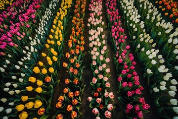 Rows of fresh colorful blossoming tulips from above.