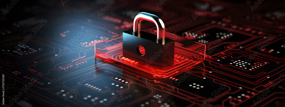 Poster lock icon on circuit board, cyber security concept banner design background