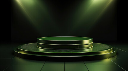 Minimalistic image of a podium for products. Studio lighting. Luxurious dark green metallic color. Generative AI