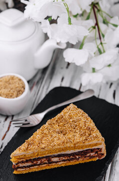 Traditional dessert honey cake with walnut