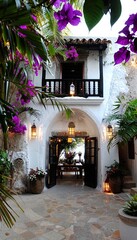 Fototapeta na wymiar Enchanting lantern lit courtyard with lush greenery, colorful flowers, and traditional charm