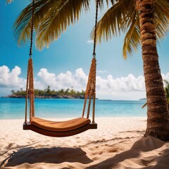 Relaxing tree swing on tropical beach with ocean in the background - obrazy, fototapety, plakaty