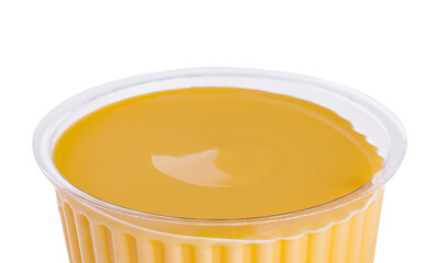 Mustard sauce in plastic bowl isolated on white background
