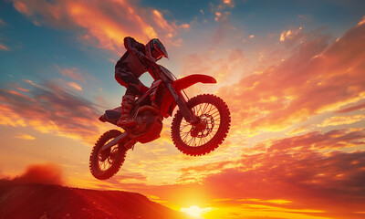 A motocross rider in action, soaring above a dirt track with a captivating sunset sky in the background, conveying a sense of adventure..