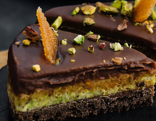Slice pistachio cake close up