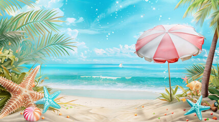 Fototapeta na wymiar Tropical beach scene with a striped pink and white umbrella, starfish, palm trees, and a clear blue sea