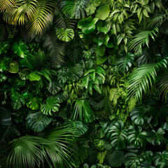 Fototapeta na wymiar Lush green tropical leaves filling the frame with various shades and textures