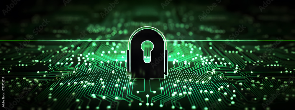 Poster lock icon on circuit board, cyber security concept banner design background