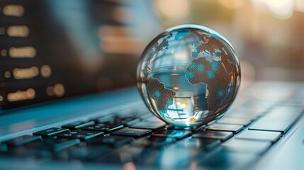 Glass globe placed on top of a laptop keyboard.