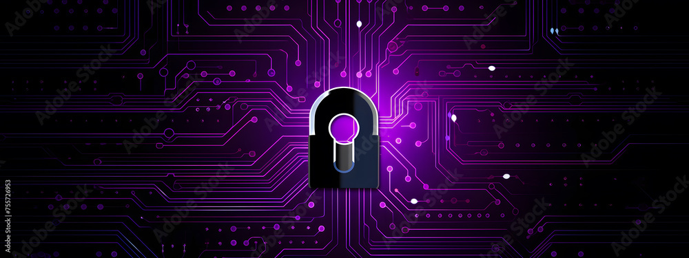Poster lock icon on circuit board, cyber security concept banner design background
