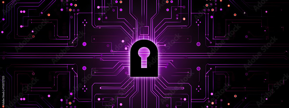 Poster lock icon on circuit board, cyber security concept banner design background