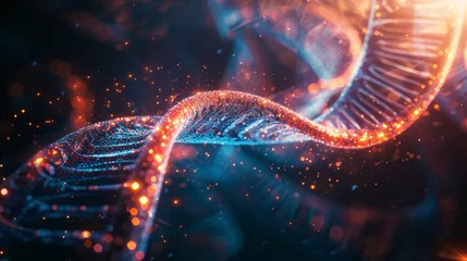 Schilderijen op glas Glowing DNA strands spiraling through a digital © Media Srock