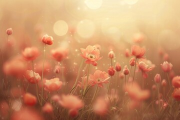 Amidst a tranquil and introspective ambiance. a blossoming field radiates under the soothing sun. bathed in the warm tones of dark orange and light beige. with a touch of lens flare