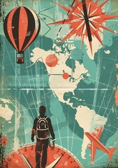 Wanderlust scene in a vintage travel poster style, bursting with trendy active colors.