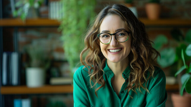 Middle age brunette woman dressed in green for St Patrick's day smiling during video call - Powered by Adobe