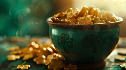 close up of a green bowl of shamrock cookies, happy St Patrick's Day - Powered by Adobe