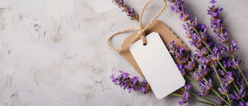 Mockup / Close up of bouquet of violet purple lavendula lavender branches ( Lavandula angustifolia ) flowers herbs with empty label, on white concrete texture table background, top view