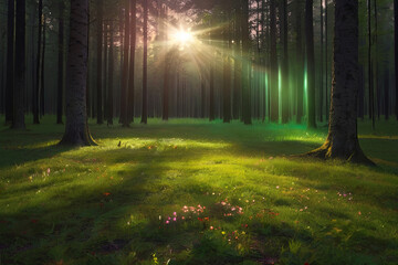 Green forest meadow with colorful heart radiating light beams, magic lights - Valentine's Day. Romantic and enchanting imagery.