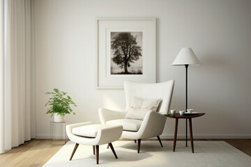 Fototapeta premium Clean and modern living room design with white frame, armchair, table, lamp.