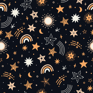 Seamless pattern of stars on a black background. Vector graphics.
