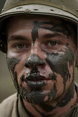 A soldier with his face smeared with mud. Generative AI