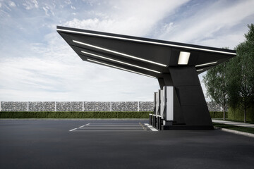 Electric vehicle fast charging station. 3d rendering of abstract architecture with sky background.
