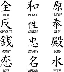 JAPANESE HIEROGLYPHS. IDEAL, UNIQUE WORLD, OPPOSITE, GENDER, OBEDIENCE, MONEY, LOYALTY, LORD, LOVE, WISDOM, WATER