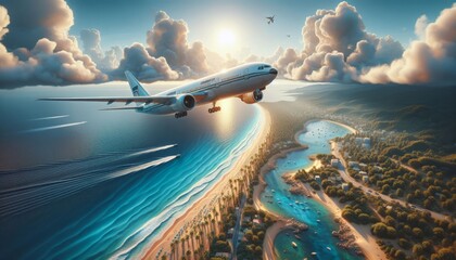 An airplane flies over a tropical beach with clear blue water, palm trees, houses against the backdrop of the sunrise. Air travel with a travel agency to an exotic country on vacation - obrazy, fototapety, plakaty