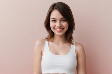 Fototapeta premium Happy young American woman wearing a white cropped tank top on a pink background with copy space.