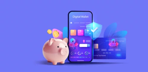 Poster Digital Wallet Concept with Smartphone, Piggy Bank, and Credit Card. Futuristic digital wallet display on a smartphone, alongside a piggy bank and secure credit card vector illustration © ZinetroN