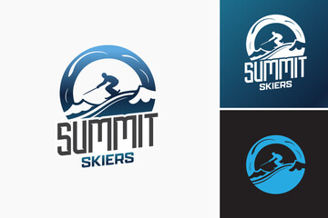 Summit Skiers logo: A sleek ski slope silhouette against a mountain backdrop, embodying thrill and adventure. Ideal for ski resorts or winter sports brands promoting alpine experiences.