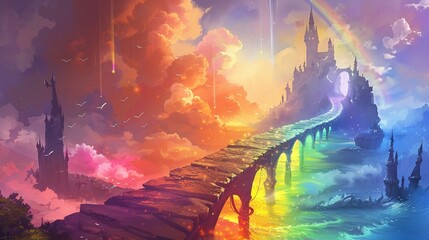 A rainbow bridge connecting two magical lands. - obrazy, fototapety, plakaty