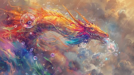 A rainbow-colored dragon breathing bubbles instead of fire.