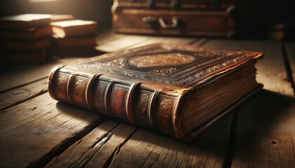 Old leather-bound book on a wooden table with soft lighting, vintage looOld leather-bound book on a wooden table with soft lighting, vintage lookk
