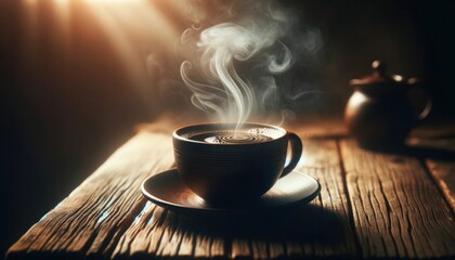 Steaming cup of coffee on rustic wood table, with warm light and a teapot - obrazy, fototapety, plakaty