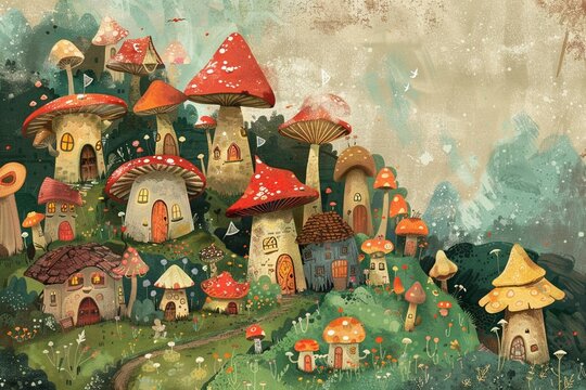 A village of tiny creatures living in mushroom houses.