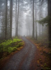 "Solitary Ride: Bicycle Journeying Through Foggy Woods on Lonely Path"